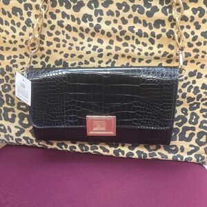 Virginia Wolf Black Croc-Embossed Chain Shoulder Bag with Gold Accent